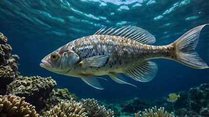 Fish underwater aqua view, deep blue ocean coral