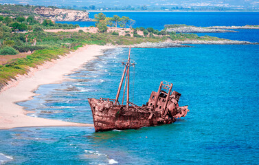 Dimitrios, a Greek shipwreck famous due to its picturesque location on an easily accessible sandy beach near Gythio, Peloponnese, Greece.