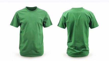 Green T-shirt. Front and Back View of Shirt on White Background, Blank Isolated Clothing for Fashion