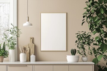 Minimalist Kitchen interior with Poster Mockup created with Generative AI