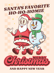 Christmas Groovy Santa and Snowman Retro Characters. Cartoon Xmas Personage Illustration. Vector Winter Holiday Mascot Template Background. Happy Vintage Cool Drawing Isolated