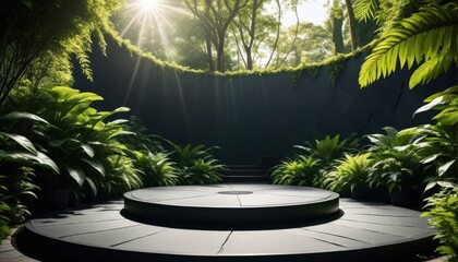 Platform podium in a forest. Realistic mock-up for product promotion. Abstract modern minimal background with empty podium
