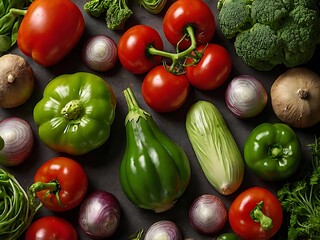 Different vegetables on kitchen desk, tomatoes, lettuce, celery, cucumber, onion, green veggies, pepper, free, space. Healthy diet related