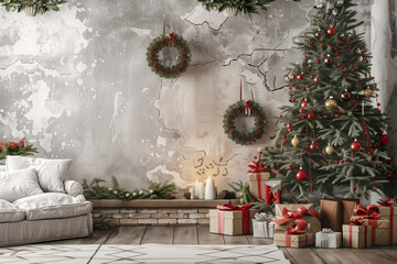 Living room with Christmas trees and decorations, wooden floor. Christmas background for photo shoot.