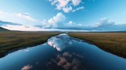 Fototapeta premium Tranquil stream reflecting soft clouds in sky, serene scene with copy space, cover all objects, deep depth of field.