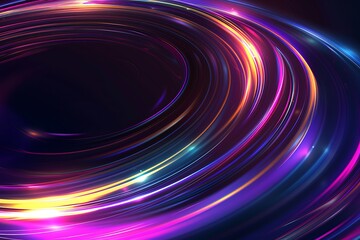 A neon light effect background with purple, blue and yellow colors on the edges of an abstract circular shape, 