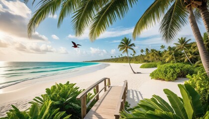 Tropical Beach Paradise: Serene Coastal Scene with Palm Trees and Boardwalk
