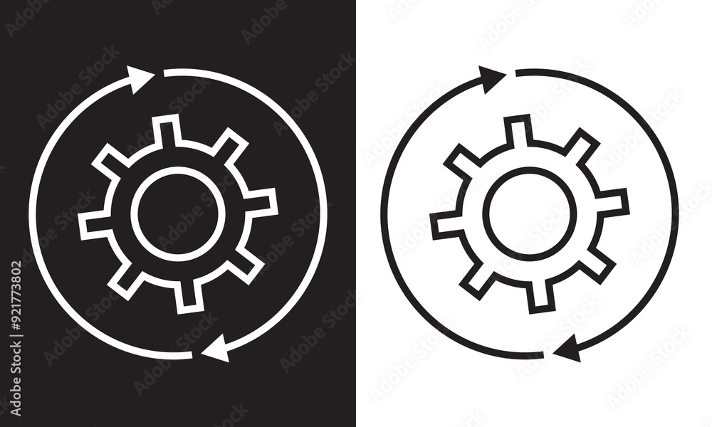 Poster workflow process icon in flat style. gear cog wheel with arrows. isolated on white and black backgro