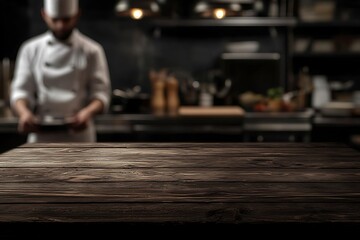 Dark wooden table in front of a blurred kitchen background with a chef in the background.