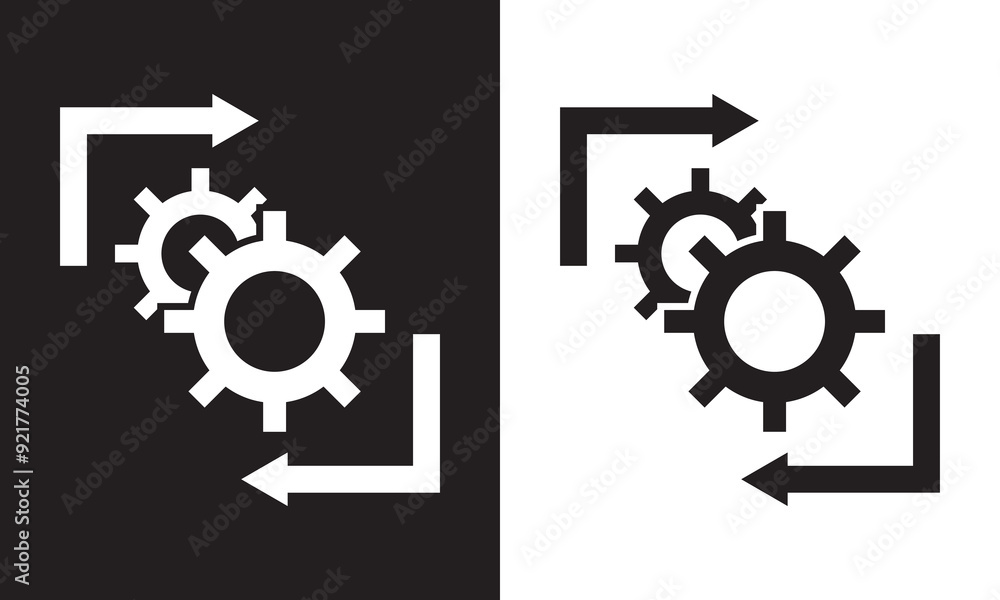 Poster workflow process icon in flat style. gear cog wheel with arrows. isolated on white and black backgro
