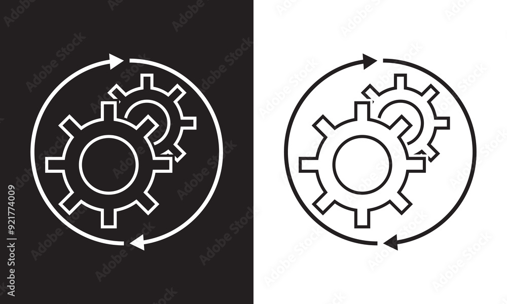 Poster workflow process icon in flat style. gear cog wheel with arrows. isolated on white and black backgro