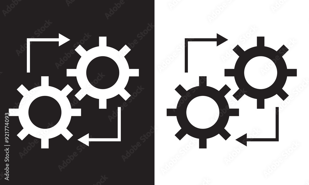 Poster workflow process icon in flat style. gear cog wheel with arrows. isolated on white and black backgro
