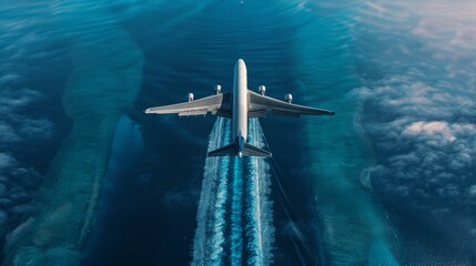 Fototapeta premium Cargo planes flying over ocean boundaries with copy space, emphasizing transit, boundary, and transportation, deep depth of field.