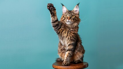 A regal Maine Coon cat poses with its paw raised in a playful manner against a muted blue backdrop in a professional studio.
