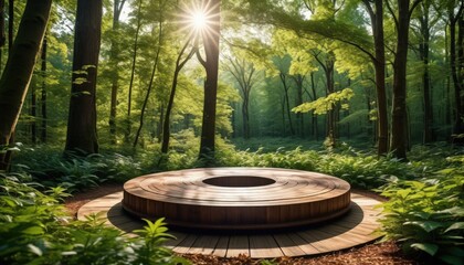 Platform podium in a forest. Realistic mock-up for product promotion. Abstract modern minimal background with empty podium