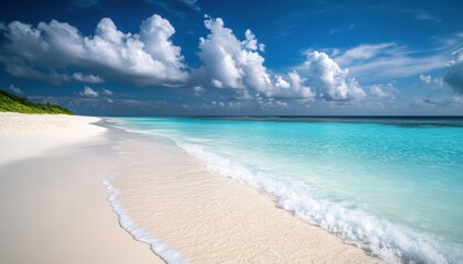 Serene beach with turquoise water and white sand under a bright blue sky in daylight