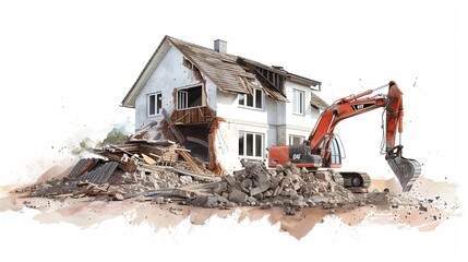 Depiction of a suburban home being demolished, with excavators and rubble piles, on a white background