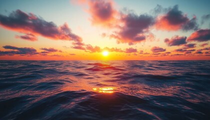 Vibrant sunset over calm ocean waves, reflecting colorful clouds in the evening sky