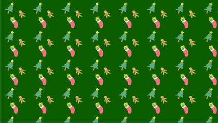 Illustration during the Christmas season: pine trees, ginger cookies and gifts in stockings.