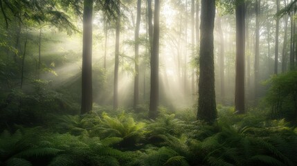 Fototapeta premium Sunbeams Through a Misty Forest