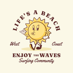 Summer Sunny Surfing Retro Cartoon Character Label. Groovy Sun Showing Shaka Sign Illustration with Typography. Beach Personage Walking Smiling Vintage Vector Drawing Logo Template Isolated