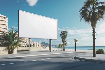 Blank billboard on a sunny beachside road with palm trees, a blue sky, and white clouds, overlooking the ocean.