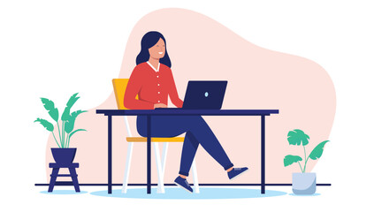 Woman working on laptop - One woman sitting on desk doing work on computer smiling alone. Flat design vector illustration on white background