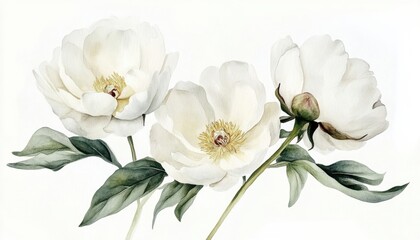 White peonies with green leaves on a light background in a botanical illustration