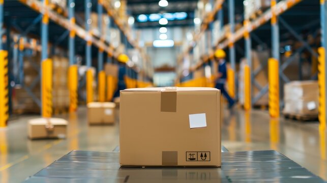 Warehouse courier service handling freight packages, emphasizing movement with copy space and deep depth of field.