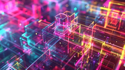 A futuristic scene features neon blue glowing cubes and lines, blending into an abstract background that highlights the cutting-edge aesthetics of modern technology.