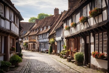 Fototapeta premium traditional half timbered house nestled within the heart of a picturesque village