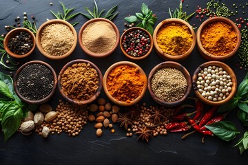 Variety of Colorful Spices and Herbs in Wooden Bowls on Dark Background - Culinary Ingredients and Flavors