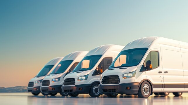 Delivery vans lined up with supply goods for dispatch, copy space, focus on all objects, deep depth of field.