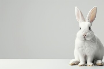 Obraz premium Adorable white rabbit sitting on a white background, looking at the camera, with its large ears upright and a curious expression.
