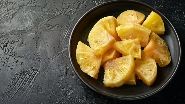 Pieces of cooked breadfruit served on a dish against a dark backdrop.