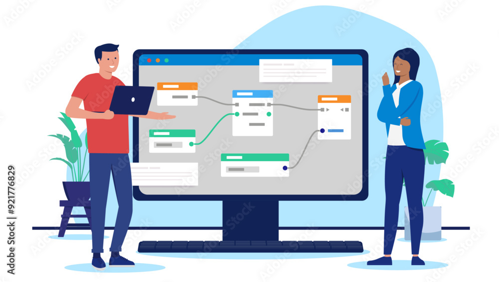 Fototapete Working on software prototype on computer - Two people developers working on data, connecting nodes and doing abstract complex technology work. Flat design vector illustration with white background