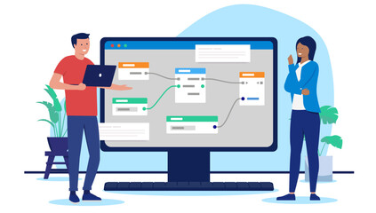 Working on software prototype on computer - Two people developers working on data, connecting nodes and doing abstract complex technology work. Flat design vector illustration with white background