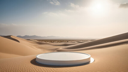 Plattform-Podium auf Sand in der Wüste. Realistische Mock-up für die Produktförderung. Abstrakter moderner minimaler Hintergrund mit leerem Podium