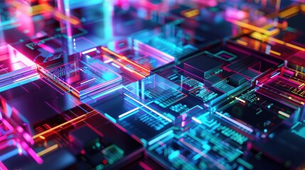 Fototapeta premium A futuristic scene features neon blue glowing cubes and lines, blending into an abstract background that highlights the cutting-edge aesthetics of modern technology.