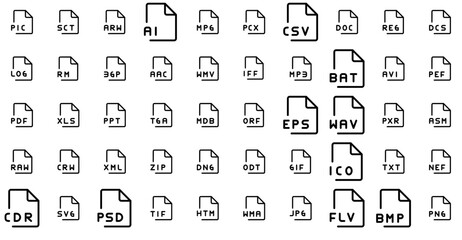 Set Of Linear File Format Thin Isolated Silhouette Solid Icons With Extension,File,Format,Gif-File,File-Format Vector Icon Set Linear Pictogram Pack