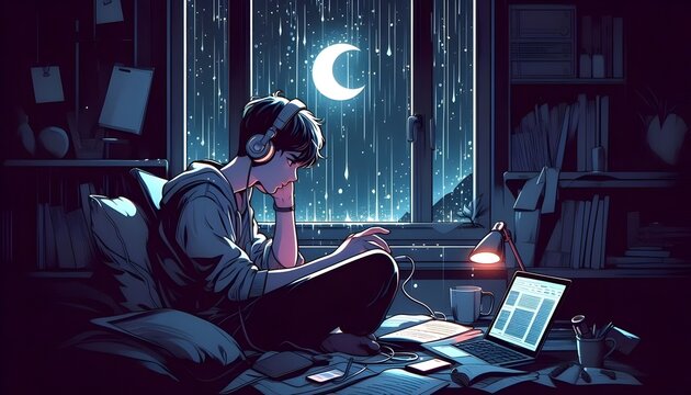Lofi Anime illustration style young beautiful teenager studying near the window at night.