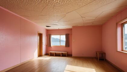 Obraz premium Empty Room with Pink Walls and Wooden Floor.