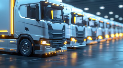 Fototapeta premium Diverse logistic vehicles fleet, various shapes, copy space, deep focus, objects covered, deep depth of field