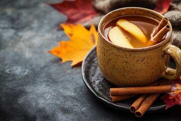 Warm Apple Cider with Cinnamon in Autumn Setting