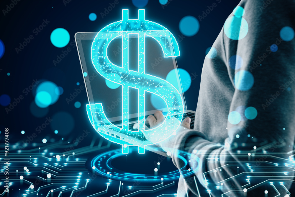 Aufkleber close up of hacker hands using laptop with digital dollar sign on blurry blue bokeh circles backgrou