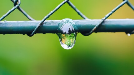 Serene Water Droplet on Garden Fence with Outdoor Background Copy Space
