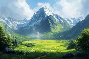 Obraz premium A stunning digital painting of a vast mountain valley bathed in summer sunlight.