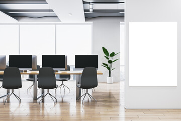 Modern bright coworking office interior with wooden flooring, empty white mock up banner on wall, panoramic windows and city view, furniture and equipment. 3D Rendering.