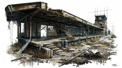 Fototapeta premium Depiction of a dilapidated train station, with collapsed platforms and debris, on a white background
