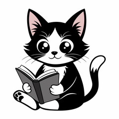 Kitten reading a book art vector illustration